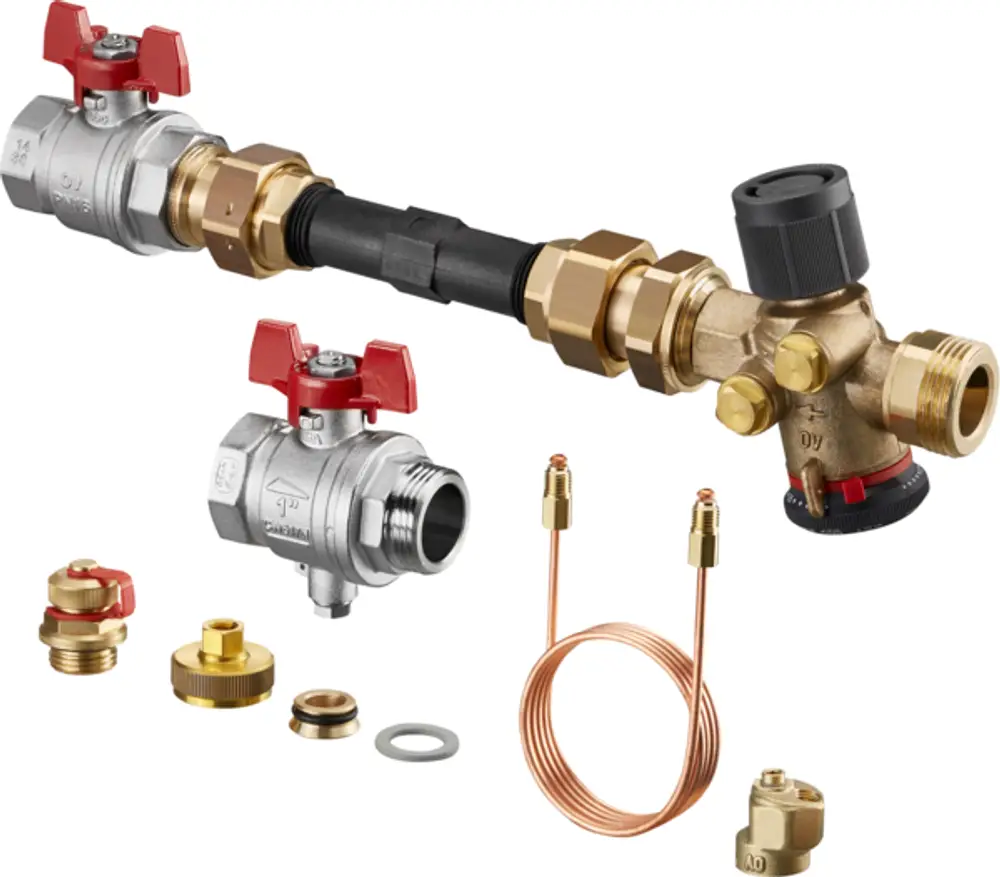 OVENTROP Wärmezähleranschlussset mit Kugelhähnen und Thermostatventil für Multidis SF, Durchgangsform.